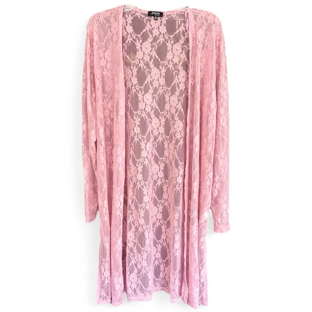 JULIA BY LOVE J Pink Floral Sheer Stretch Lace Duster Kimono Coquette Boho Sz 1X